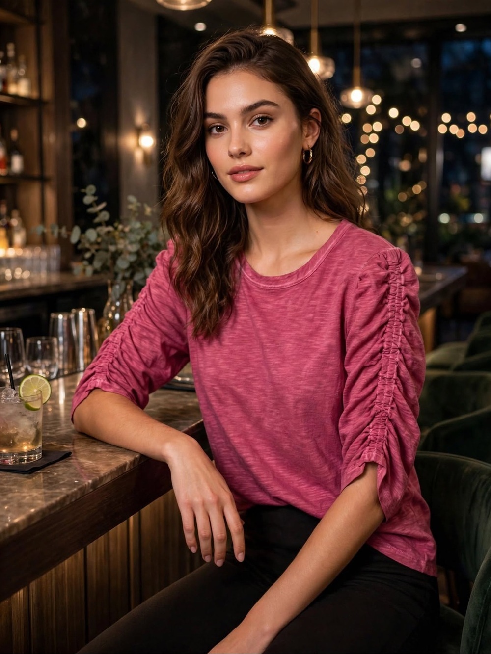 Veronica Beard Rose-Pink Ruched Sleeve Long Sleeve Tee